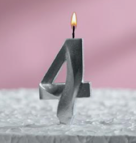 Изображение Свеча в торт "Грань", цифра "4", серебряный металлик